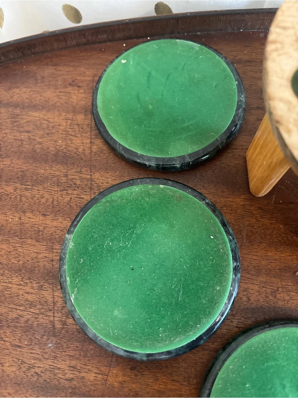 Vintage Himark Green Marble Stone Coaster Set with Wooden Holder
